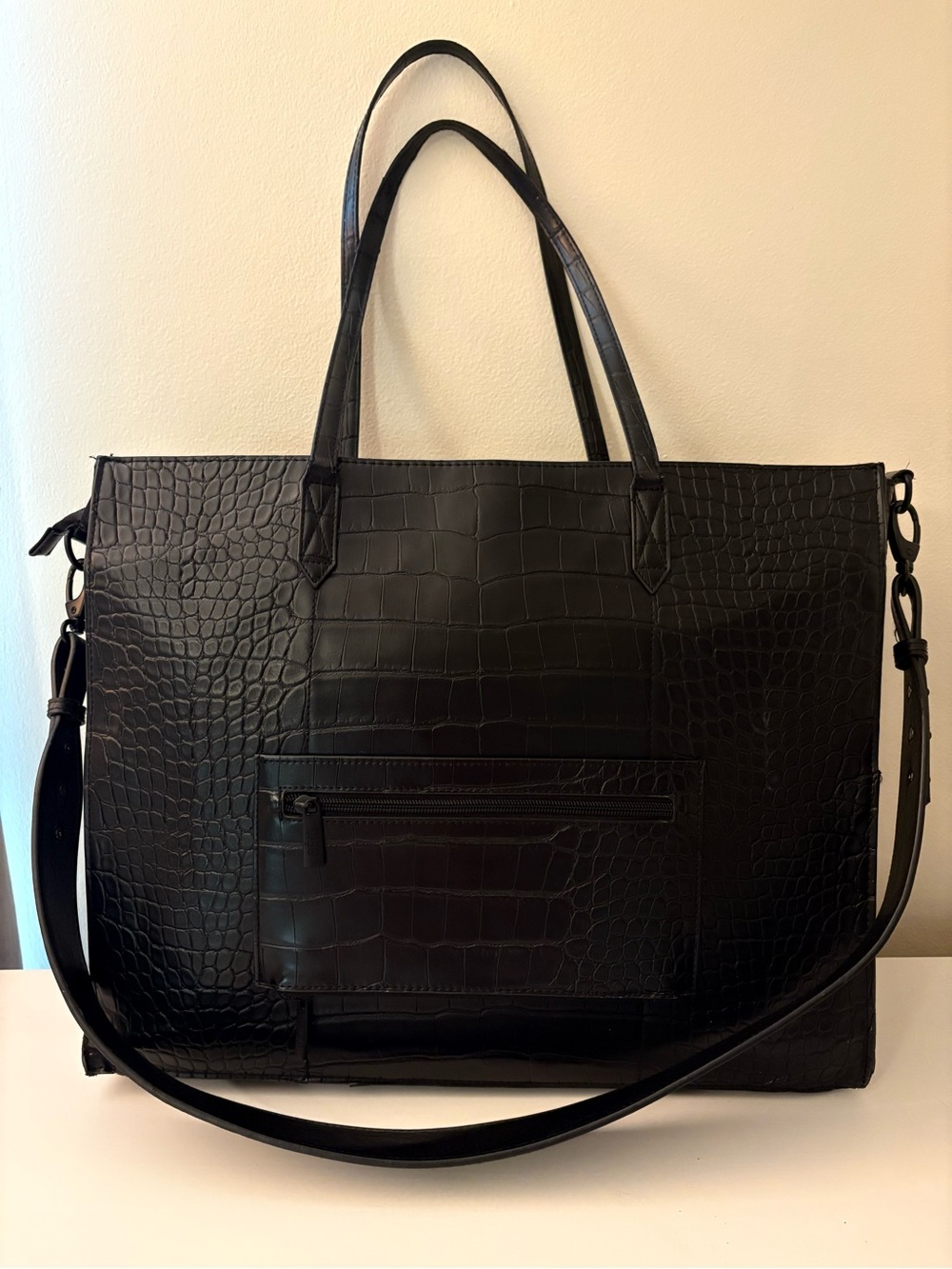 BEIS Black Croc-Embossed Work Tote with Removable Shoulder Strap